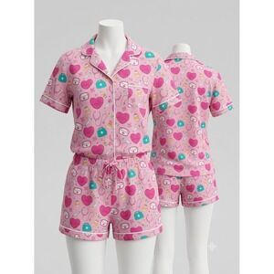 Jane Marie Womens 2XL Pajama Set Pink Nurse Medical Theme 2pc Shirt Shorts Plus